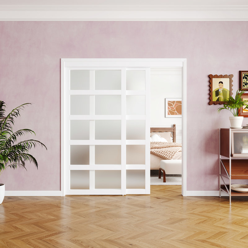 Sliding Closet Door–5 Lite Frosted Glass Panel Design White MDF With Handles & Smooth Sliding Hardware（No pre-installed holes）