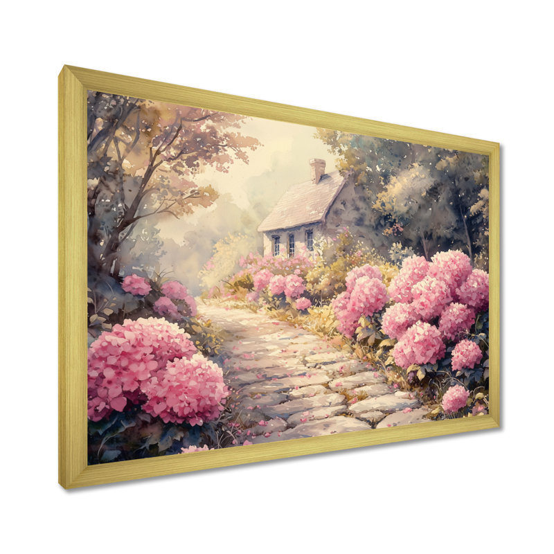 Hortensias par le chemin de pierre IV - hydrangées, art mural, H 30 po x l 40 po, Reproduction encadrée d'une seule photo