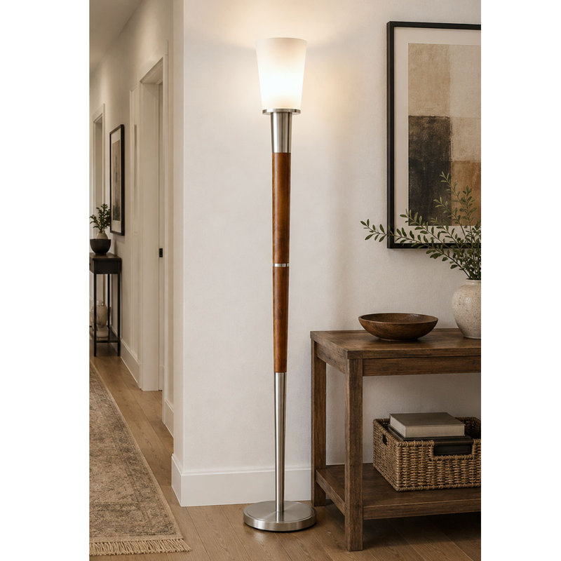 Vanover 73'' Torchiere Floor Lamp, Brushed Nickel/Walnut
