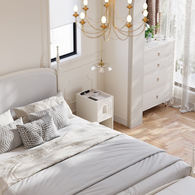 Rustic Narrow Smart Nightstand Cherry Bedside Table With Sensor Light And USB Port, White