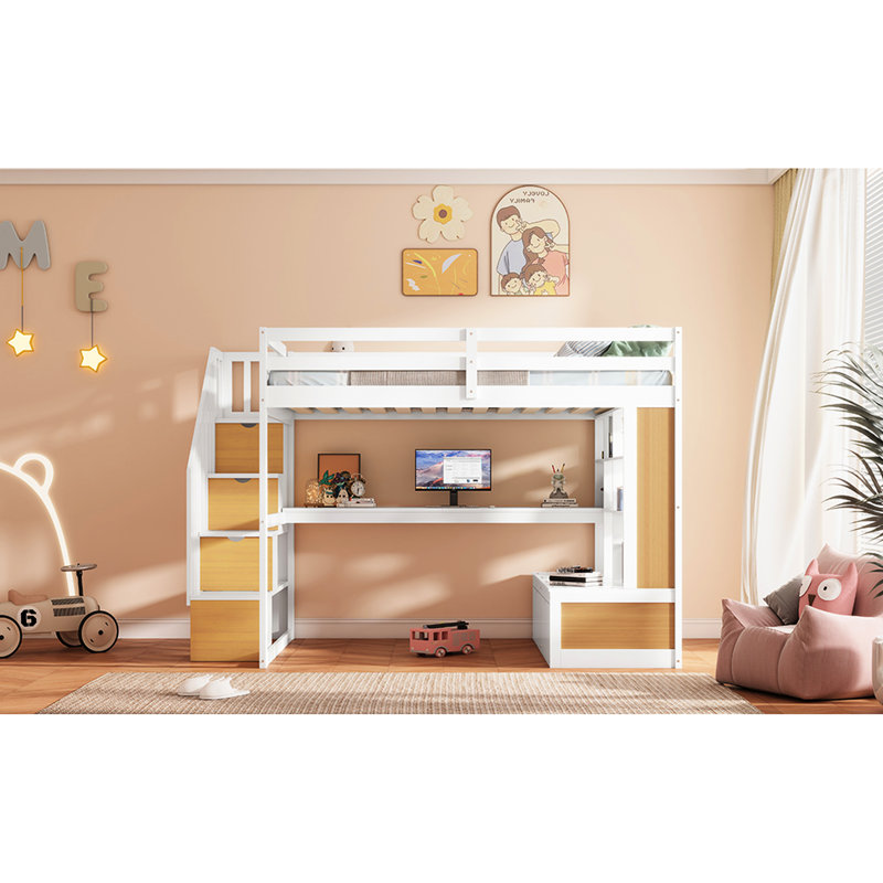 Lit mezzanine double avec bureau et tablettes, bureau simple blanc naturel, tiroirs - et
