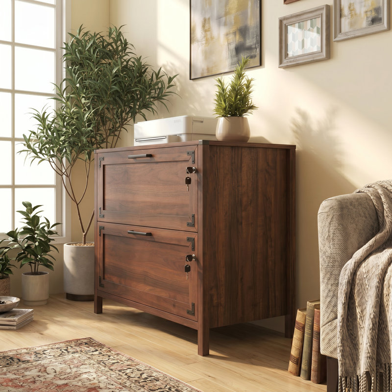 Classeur en bois avec 2 tiroirs verrouillables Shutesbury, Noyer