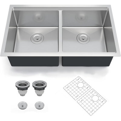Undermount Double Bowl Kitchen Sink, 16 Gauge 304 Stainless Steel, 33" W x 19" D x 10" Deep, with Integrated Drainboard for Modern Kitchen