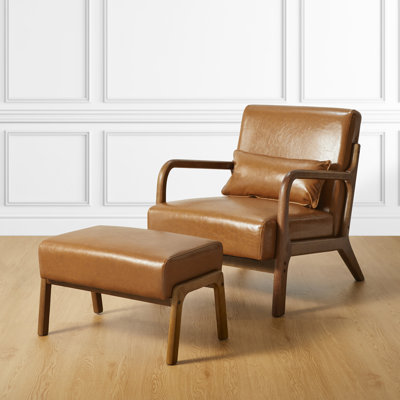 Mid-Century Modern Leatherette Accent Stool And Chair With Walnut Rubberwood Legs