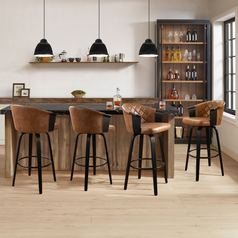 Lesli 30.51'' Swivel Tufted Faux Leather Upholstered Counter & Bar Stool (Set of 4), Brown Seat/Black Frame 