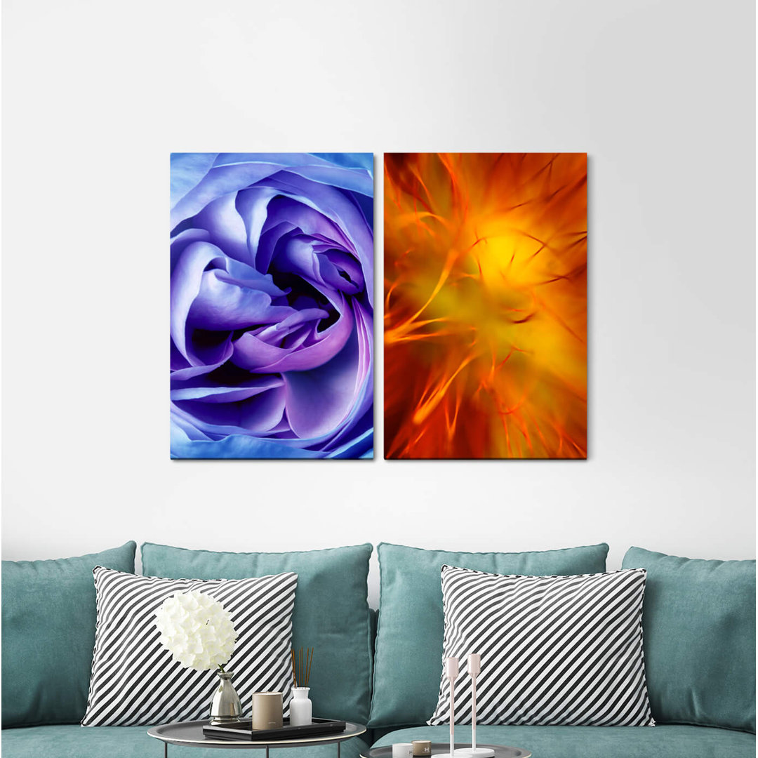 2-tlg. Leinwandbilder-Set - Grafikdruck „Flower Blossom Violet Rose Orange”