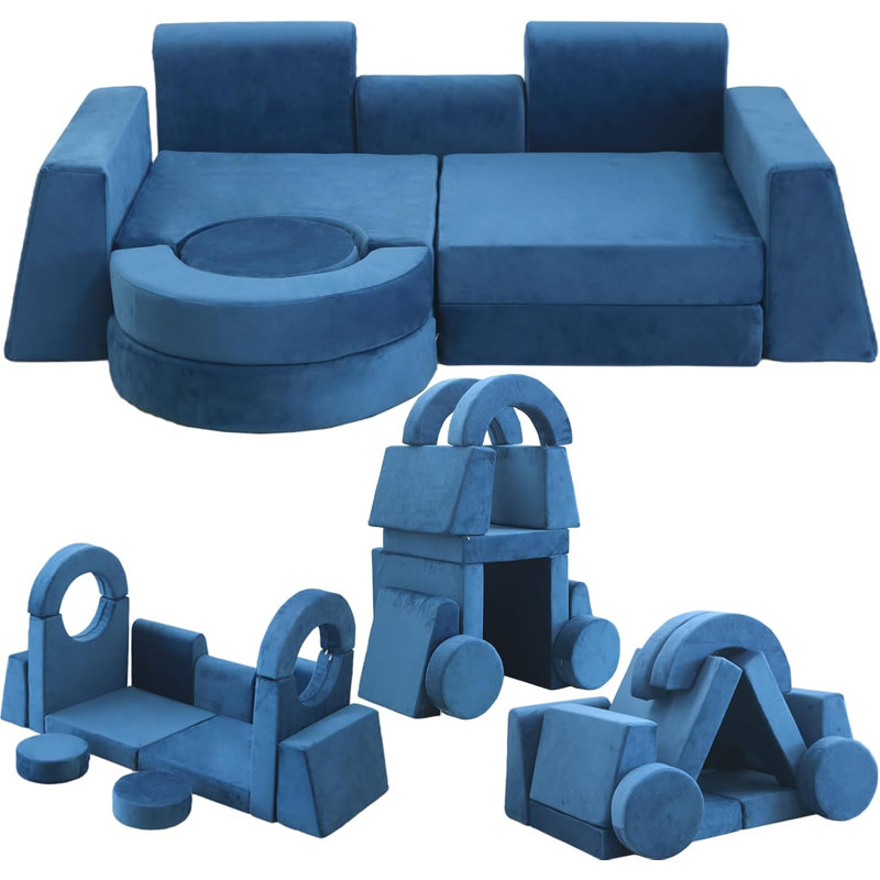 Kids Play Couch 13pcs Set: Modular Floor Sofa For Boys And Girls, Convertible Foam Play Cushion For Playroom, Blue
