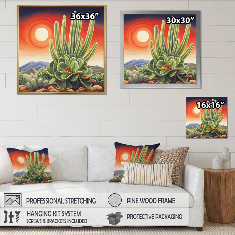 Cactus mexicain, paysage I, art mural de cactus floral, salon, H 16 po x l 16 po, Toile tendue, Ne s’applique pas