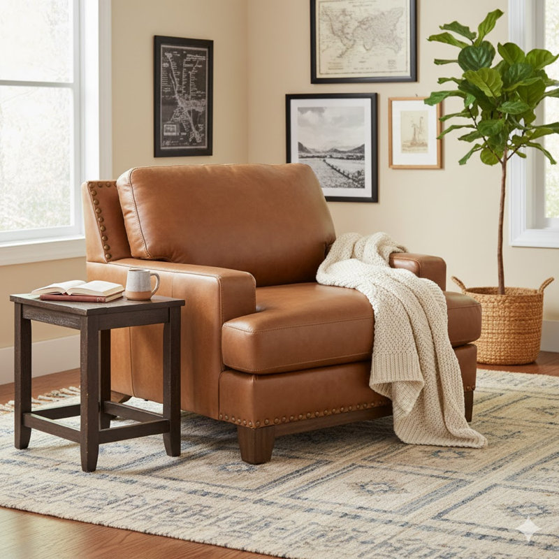 Fauteuil d'appoint Sany, coussins moelleux et classiques en cuir brun ambré