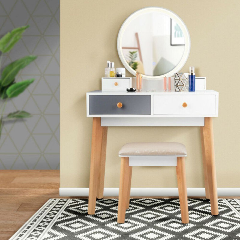 Ensemble de meuble-lavabo en bois massif avec tabouret et miroir Serephina
