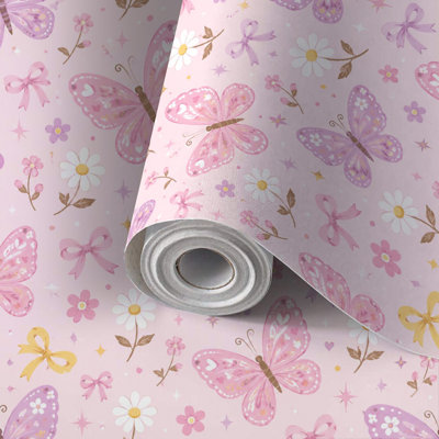 Papier peint à peler et coller avec marguerites florales papillons roses auto-adhésives et amovibles 24 po x 118 po (60 x 300 cm)