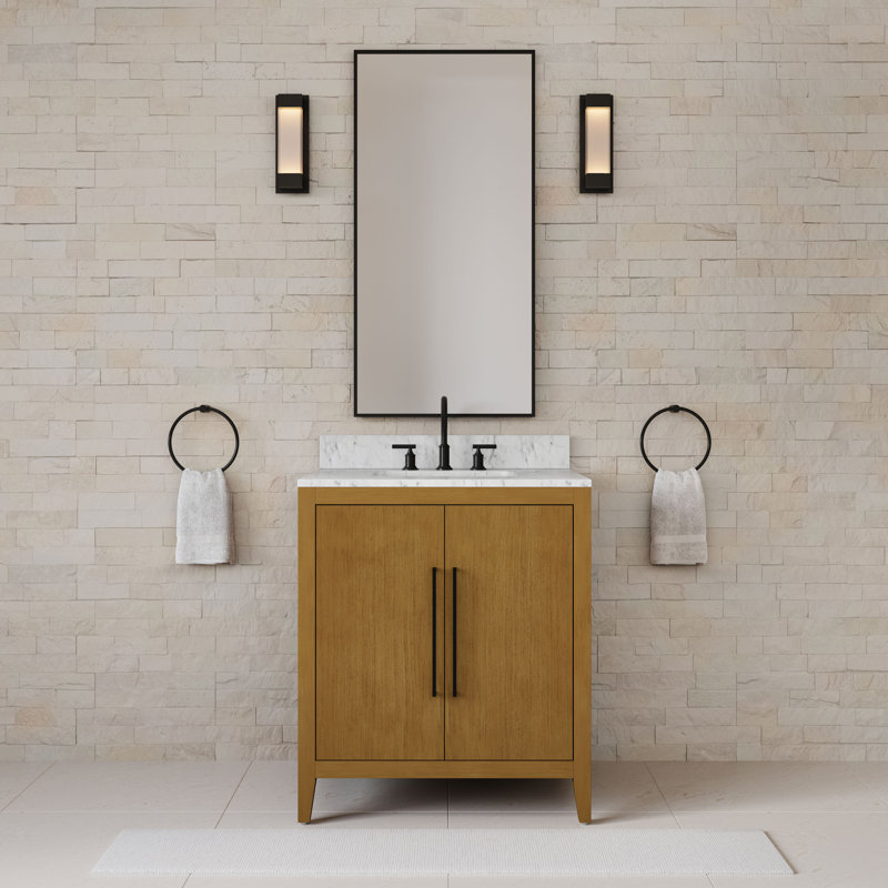 30 po Berwyn Meuble-lavabo de comptoir simple en marbre d'ingénierie blanc Carrara en chêne Baja