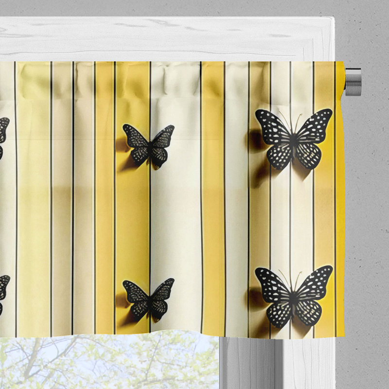 Mustard Grey Yellow Butterfly Striped Satin Rod Pocket Valance