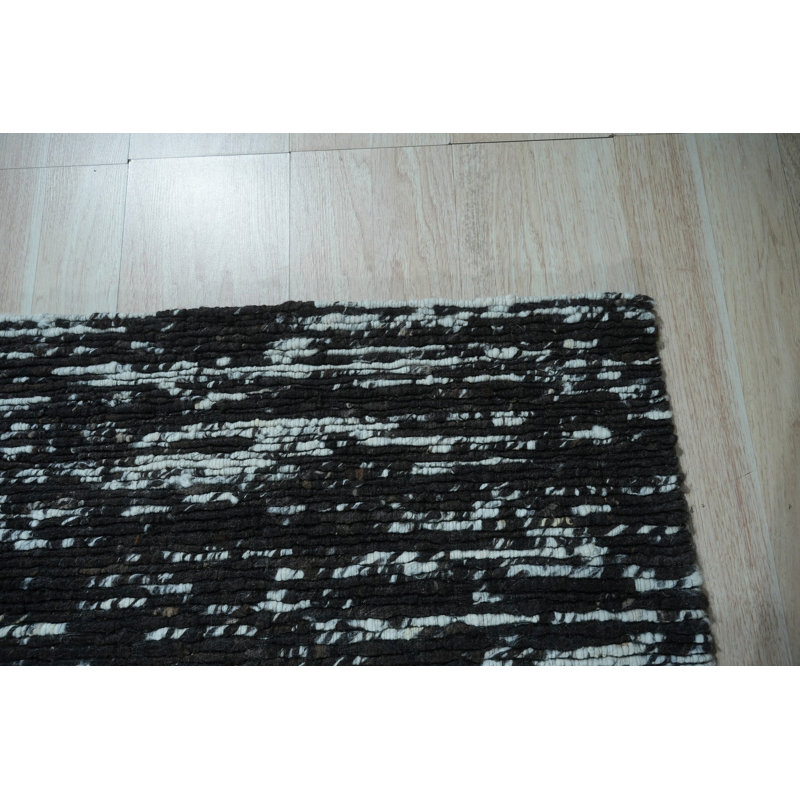 Black Flat Weave Wool Striated Texture Geometric Modern Contemporary Carpet Rug, 3' x 12'
