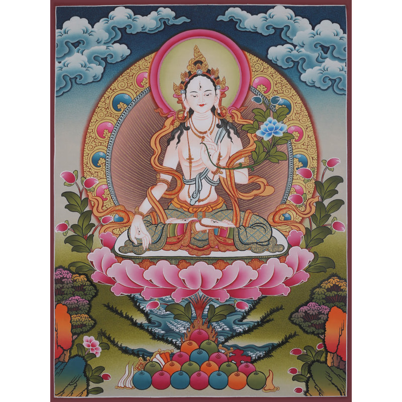 Déesse Tara blanche (Thangka sans brocart) | Peinture bouddhiste de la divinité Thangka