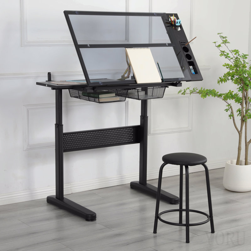 Table à dessin à manivelle réglable avec 2 tiroirs en métal (noir) et tabouret