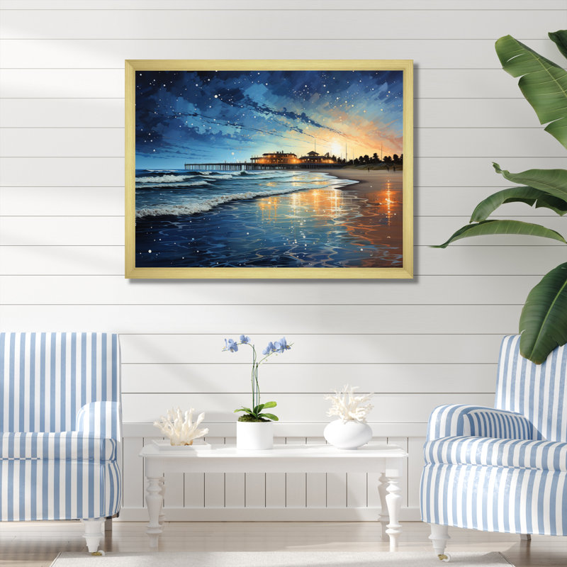 Singita Beach Pier Reflections Pointillism I, Encadrement doré, H 16 po x l 32 po x P 1 po