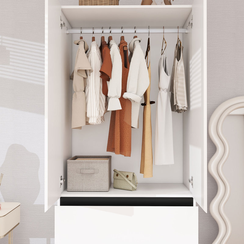 White Wardrobe Closet with Soft-Close Doors — A Hanging Rod & 3 Drawers MDF Armoire for Bedroom