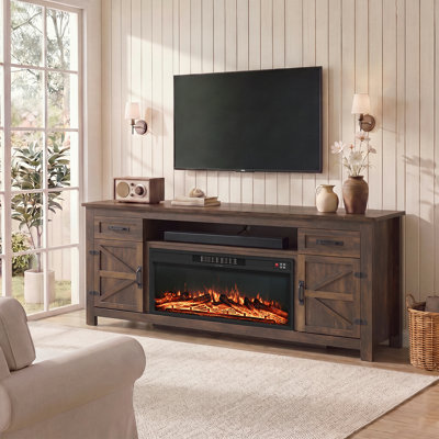 Meuble télé de style ferme en bois de 178 cm (70 po) avec foyer électrique, tiroirs et armoires de rangement spacieux, compatible avec les téléviseurs jusqu'à 203 cm (80 po), brun