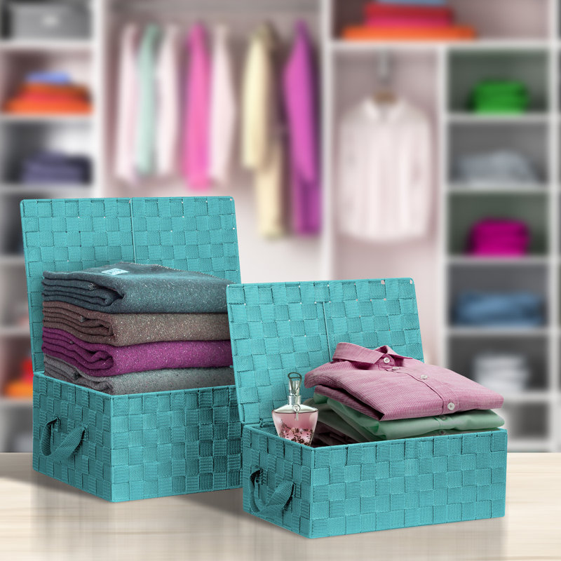 Sorbus Stackable Woven Basket with Lid and Carry Handles 3 Pack in Aqua