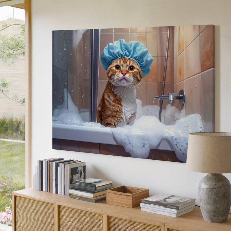 Douche de chat drôle de salle de bain avec capuchon de douche, certaines scènes, art mural sur toile prêt à accrocher