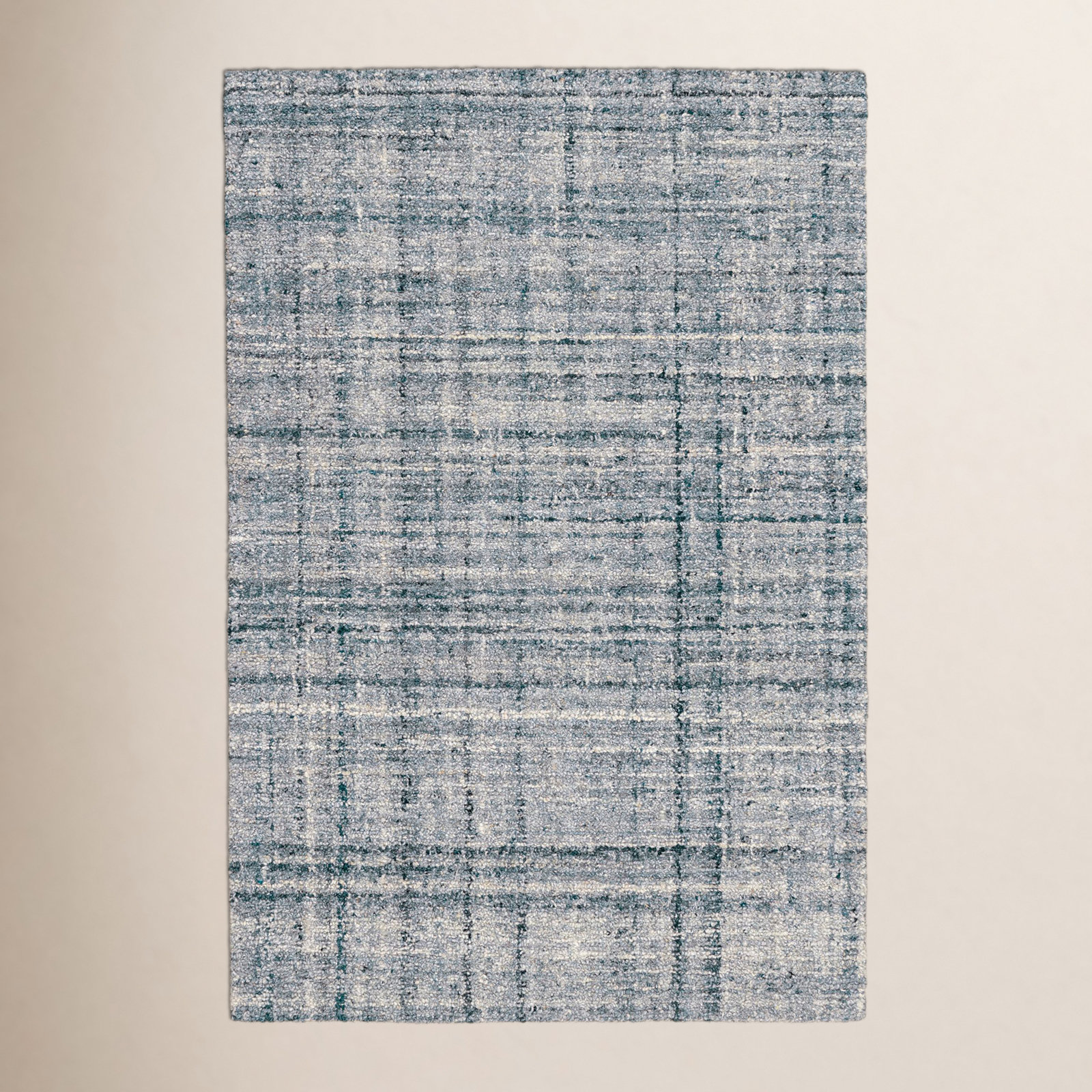 Harris Blue Brown Hand-Hooked Plaid Wool Rug, Rectangle 5' x 8', Blue/Ivory