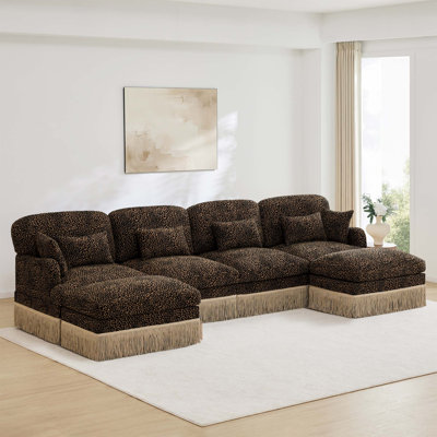 Leopard Print Chenille U-Shaped Sofa with Movable Ottomans and Tassel Trim