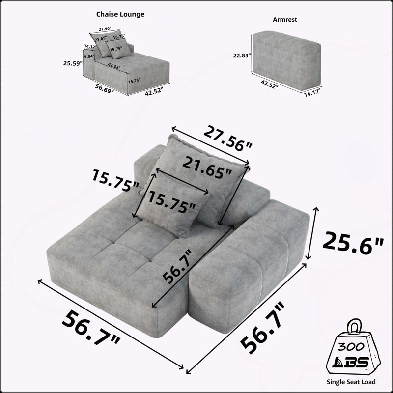 Canapé modulaire surdimensionné surdimensionné, canapé moelleux en tissu de chenille étincelant avec 2 coussins, canapé capitonné bricolage, aucun assemblage requis