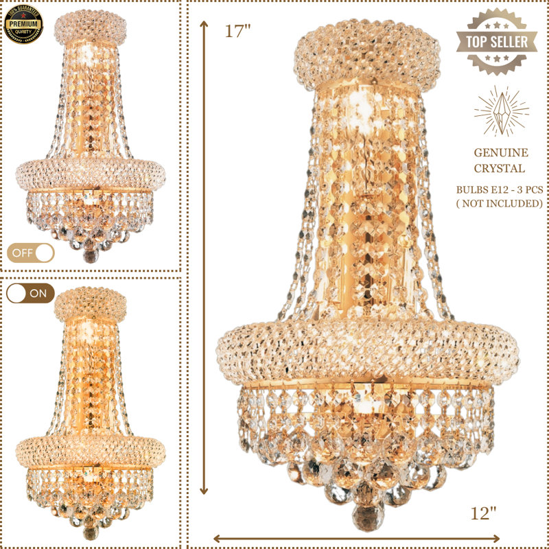 Montrey 3 Lights Empire Wall Light With Crystal Ball Accents, Gold