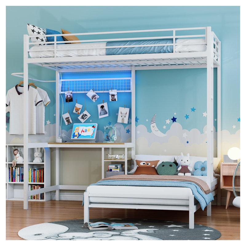 Lit superposé simple au-dessus d'un lit simple en métal blanc avec bureau en L, tablettes de rangement et tiroirs - Structure de lit mezzanine peu encombrante pour les adolescents