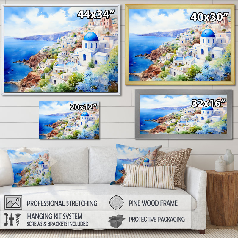 Santorini, Grèce, village côtier, sérénité I - Grèce, art mural, Toile tendue, H 24 po x l 32 po x P 1 po