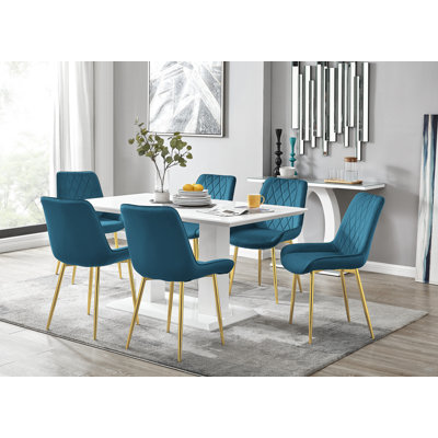 Edzard Double Pedestal High Gloss Dining Table Set with 6 Luxury Velvet Dining Chairs
