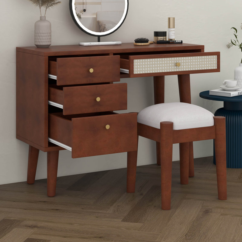 39" Makeup Vanity Desk With Stool, Bohemian Dressing Table Set With Rattan Drawer & Charging Plug, USB Port, Dressing Table