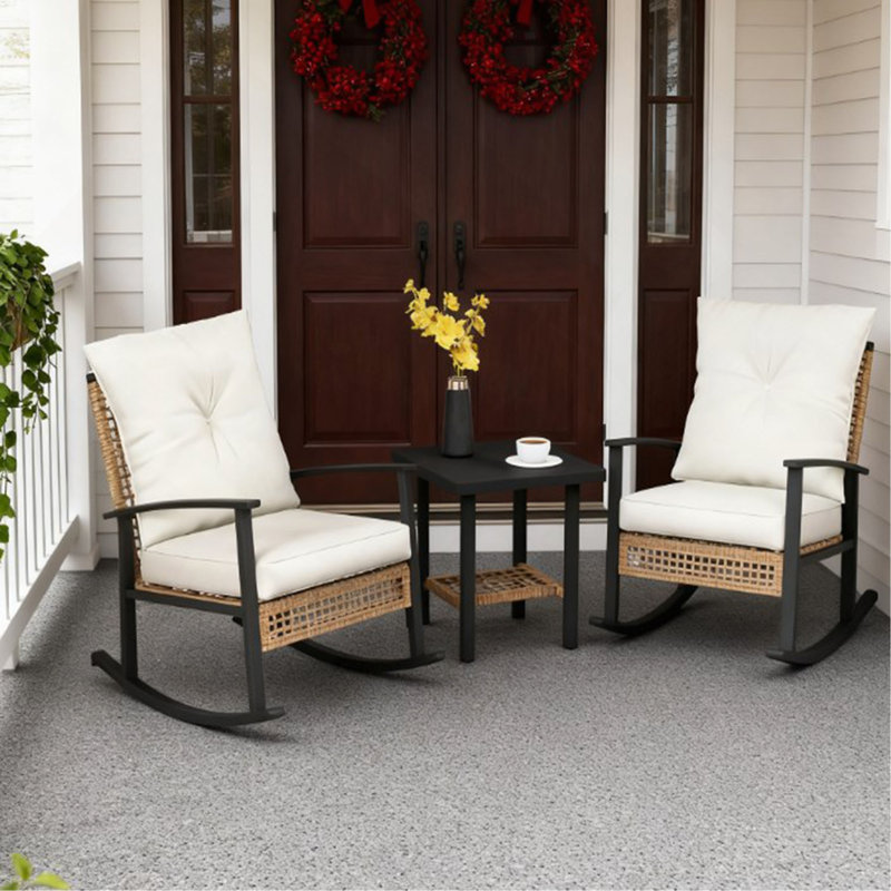 Ensemble de meubles de patio en osier avec coussins capitonnés, chaises berçantes en rotin et table basse