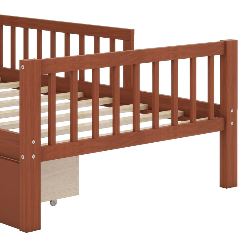 Twin Size Bed With Headboard Storage Rack, Two Under-Bed Drawers, And Three-Side Safety Guardrails, Walnut
