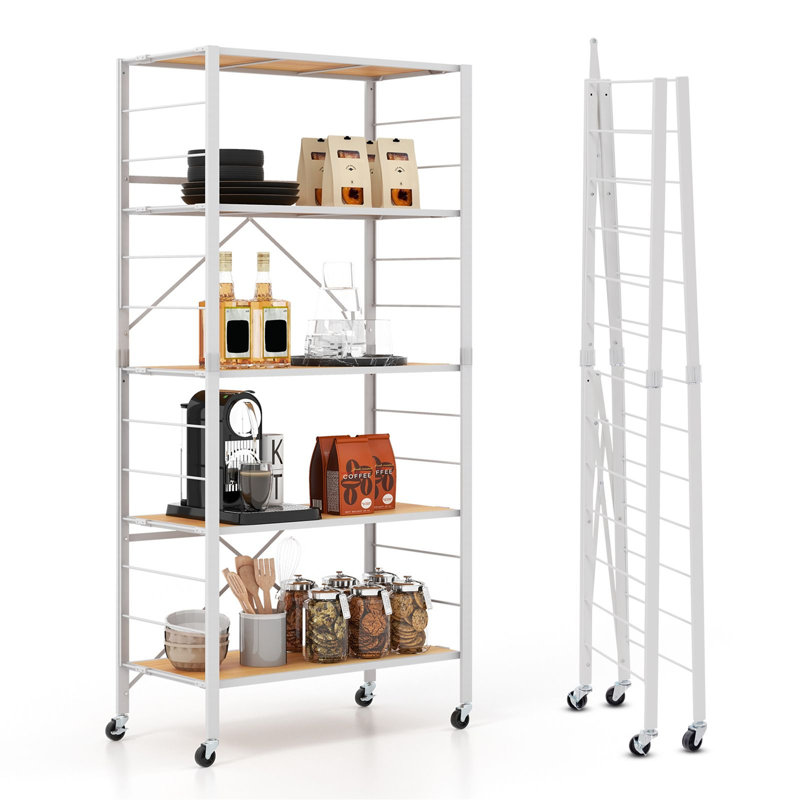 5-Tier Foldable Shelving Unit Metal Shelves with Detachable Wheels, White/Natural