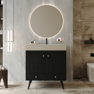 Meuble-lavabo autoportant contemporain avec plateau en faux marbre et lavabo en céramique, armoire de rangement à double porte de 30 po, bois d'ingénierie imperméable
