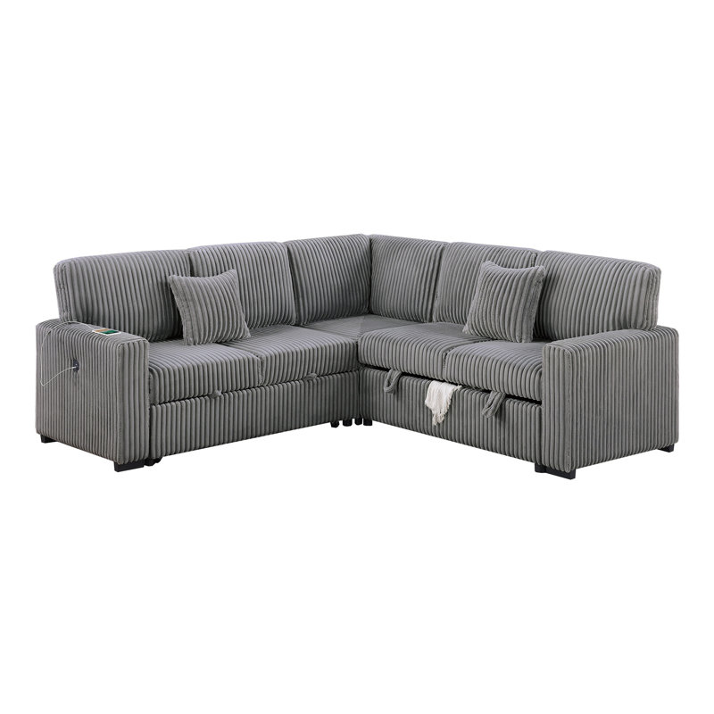 Modern Style Soft Textured 3Pc Convertible Sectional Reversible Storage Pull Out Bed USB Port Smoke Finish Primary Living Room Pillow Included