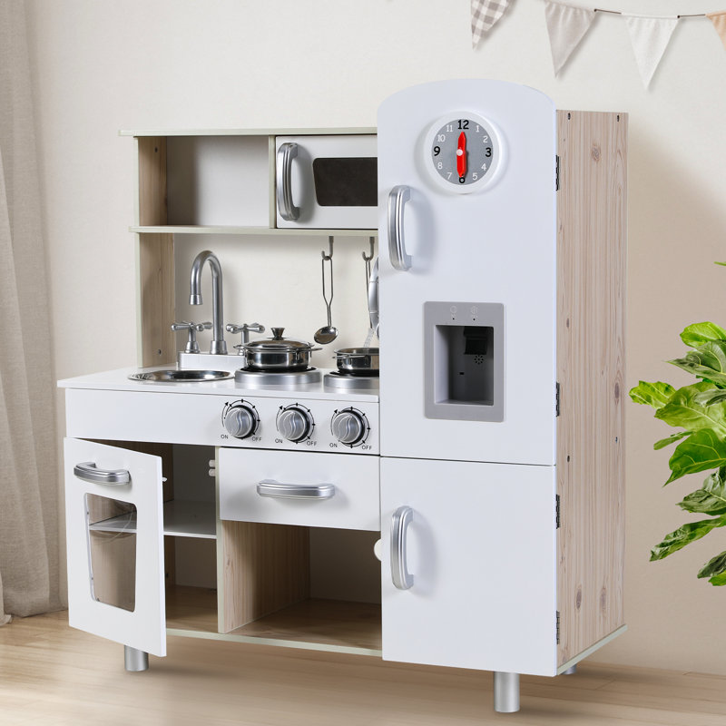 Kids Kitchen Playset, Preschool Cooking Kitchen, Toddler Wooden Pretend Play Toy w/Fridge, Stove, Cookware Utensil, Phone, Clock, Water Dispenser, Cabinet, Little Chef Toy Kitchen Set