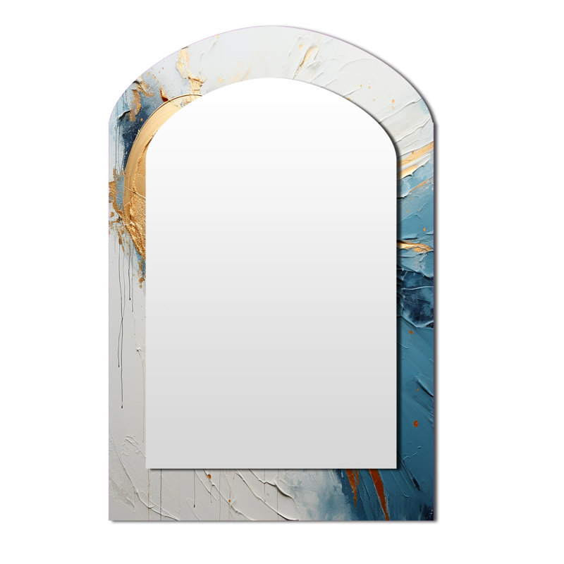 Or et bleu, peinture cosmique - peinture abstraite, miroir décoratif mural asymétrique, grand miroir en arche beige, impression d'art en métal