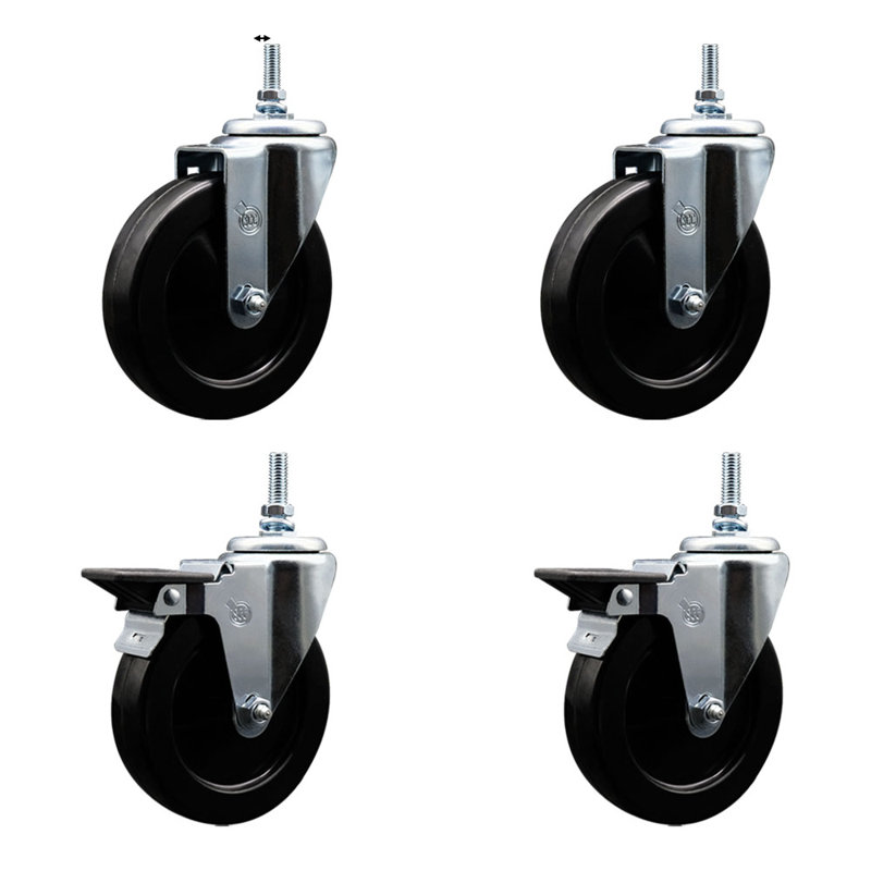 5 Inch_Hard Rubber 12MM Threaded Stem Caster Set 2 Brakes SCC