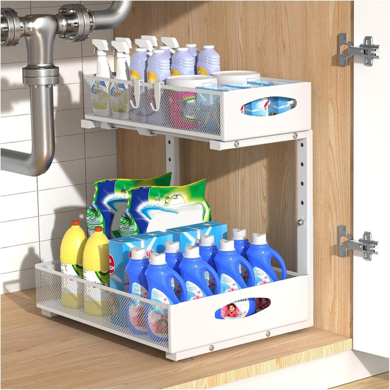 2 Tier White Large Metal Pull Out Under Sink Storage Organiser Rack, Powder Coated Finish
