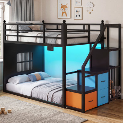 Twin Over Twin Low Bunk Bed with Stairs and LED Lighting, Metal Kids Bunk Bed Frame with Charging Station, Storage Drawers and Playhouse Design