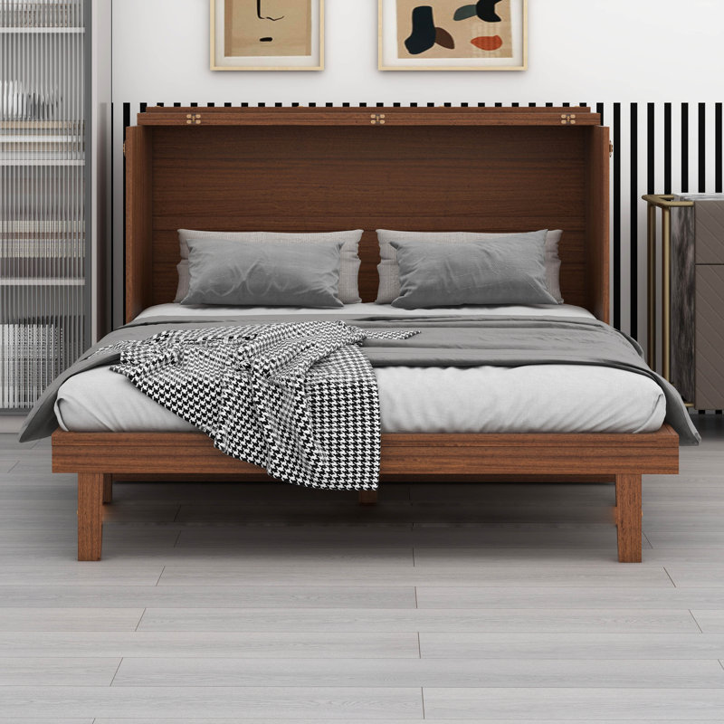 Queen Size Pine Wood Murphy Bed – Cabinet Design, Power Station & Rattan Decoration Panel, Walnut