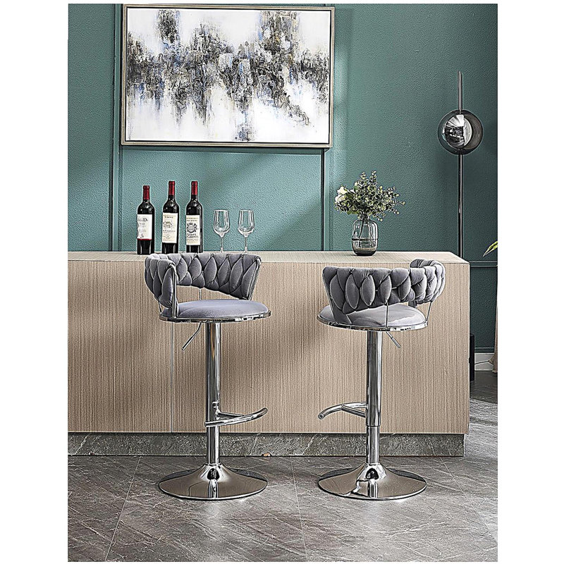 Ensemble de tabourets de bar 2 pièces, avec repose-pieds chromé et base pivotante avec mécanisme de réglage de la hauteur en velours et pieds chromés - tabouret de bar simple - gris