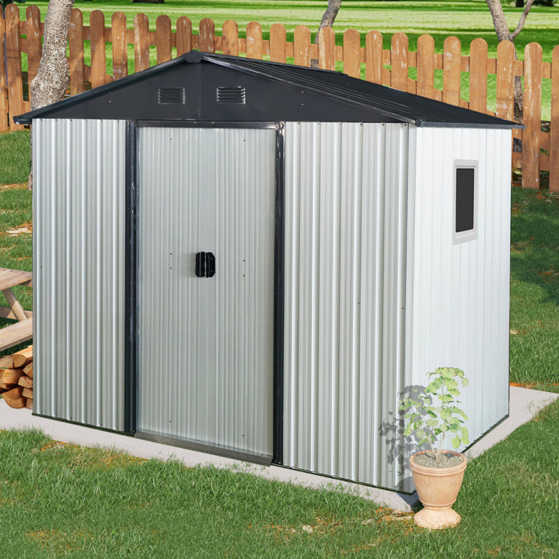 Outdoor Metal Storage Shed 8Ft X 4Ft. White And Black. Galvanized Steel For Durability. Tilted Roof & Lockable Door. Comes With Foundation Perks 4Ft Backyard, Patio, Lawn. Construction. With Benefits