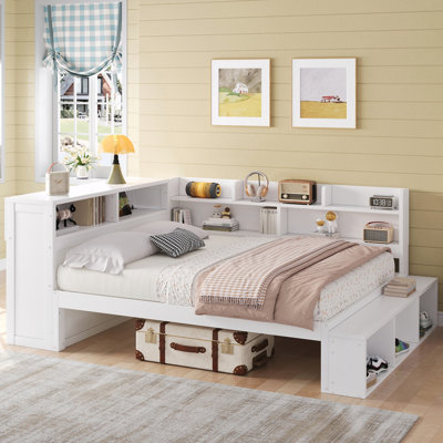 Lit de jour double avec armoires de rangement, armoire à chaussures et ports USB