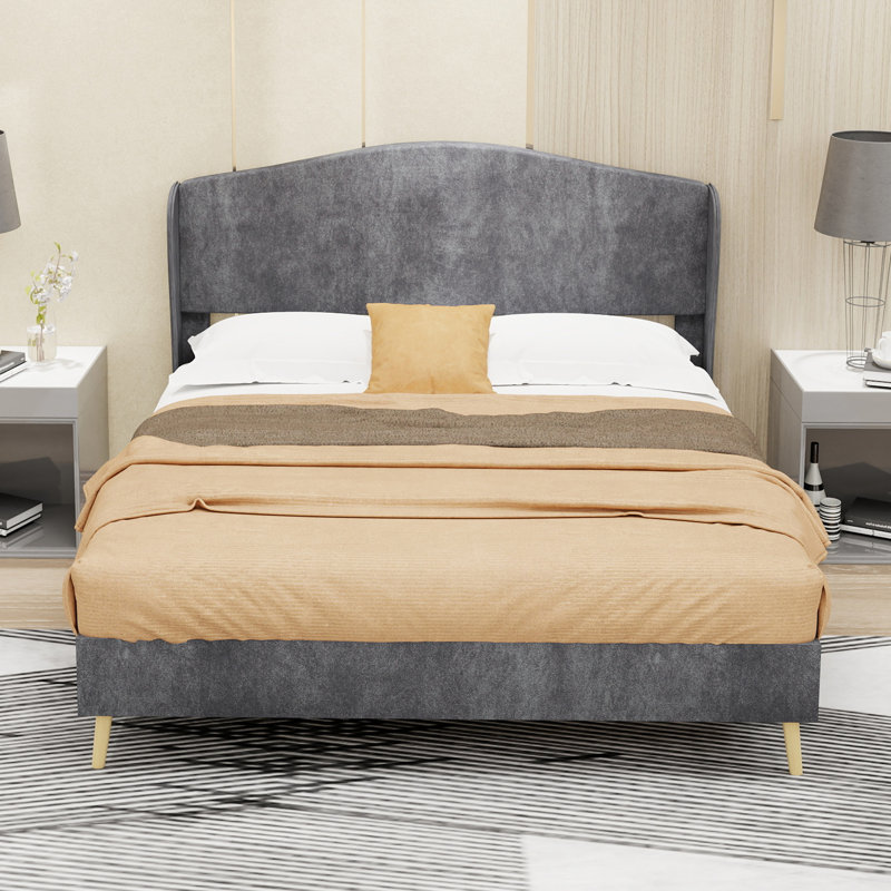 Lit double tapissier en velours double, lit plateforme luxueux et robuste pour la chambre principale, gris, Lit double, Gris
