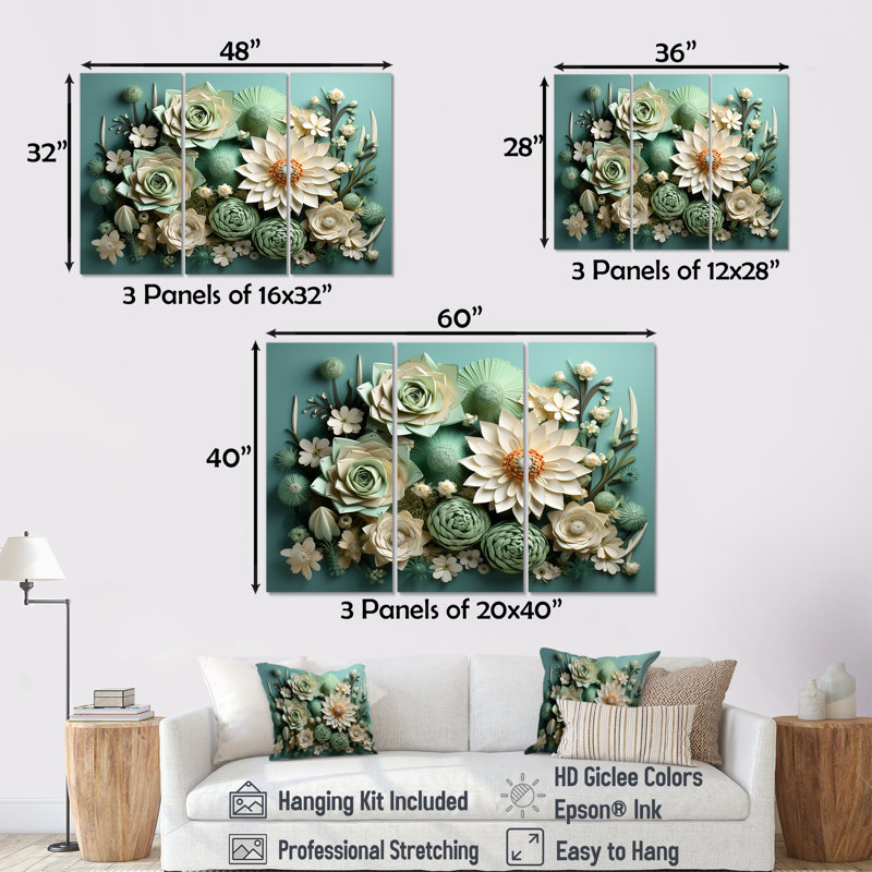 «Cactus Mint Mirage I», ensemble d'art mural sur toile cactus floral, H 28 po x l 36 po x P 1 po