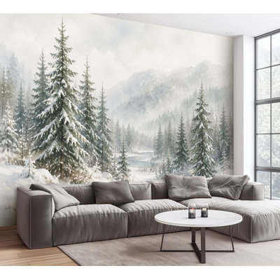 Papier peint adhésif peler et coller Snowy Pine Forest Landscape Misty Mountains Winter Woodland Scenery Auto-Adhésive
